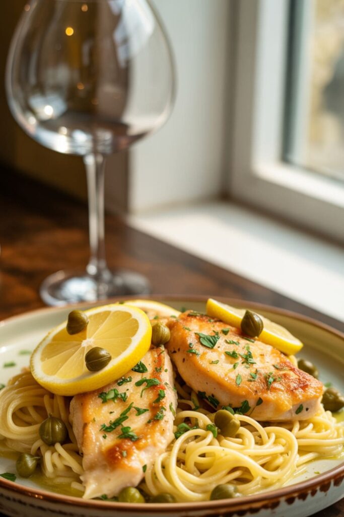 Zesty chicken piccata pasta with lemon, capers, and golden chicken cutlets