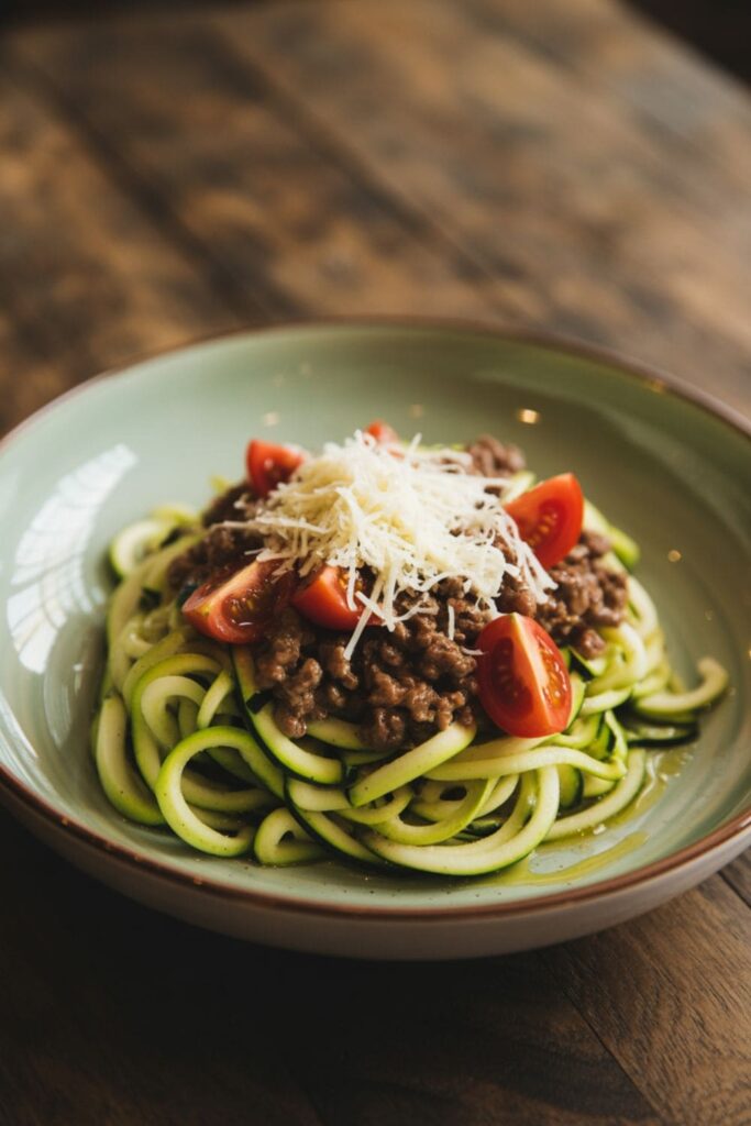 Zoodle bowl with ground beef, cherry tomatoes, and parmesan
