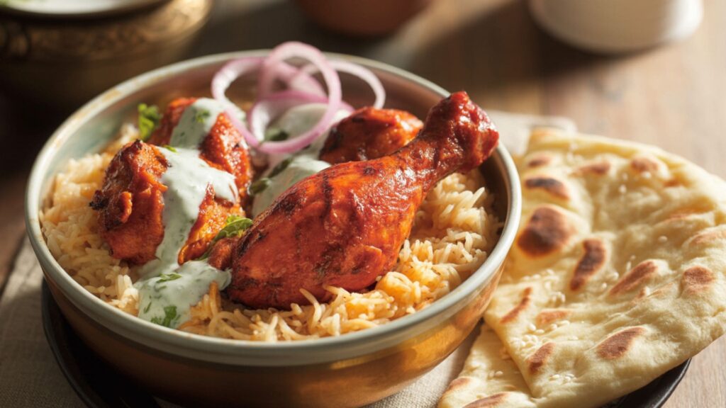 a photo of tandori chicken bowl with a roti placed beside it