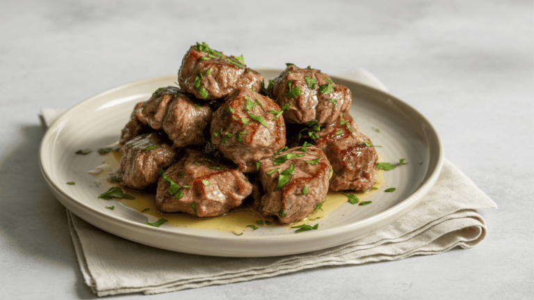 Juicy garlic butter steak bites served on a white plate with parsley garnish and minimal background.