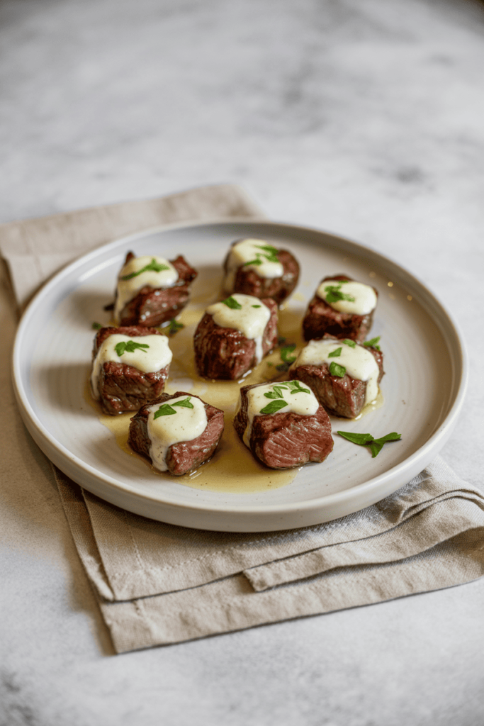 Close-up of garlic butter steak bites recipe on a ceramic plate with melted butter and garlic.