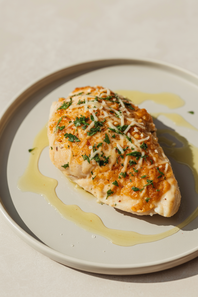 Close-up of Garlic Parmesan Chicken Recipe with melted cheese topping and minimalist light background.