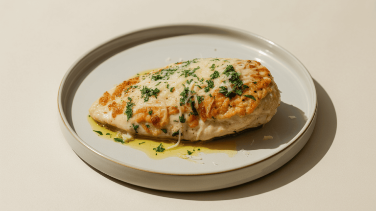 Golden and crispy Garlic Parmesan Chicken served on a white plate with parsley garnish and garlic cloves.