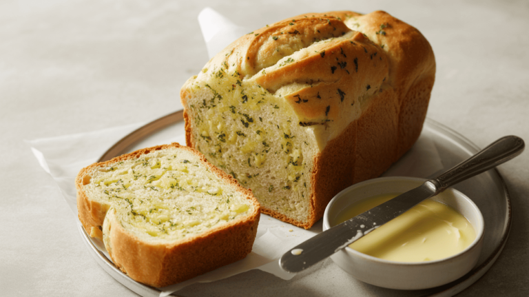 Crispy garlic bread with parsley and melted butter, served on a white plate with a minimalist background.