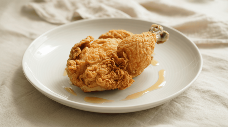 Fried Chicken Recipe showing crispy golden chicken pieces served on a white plate with a minimalist background.