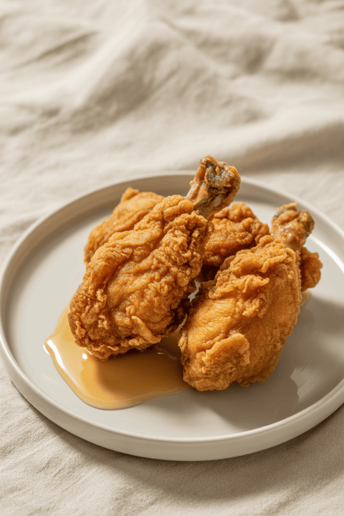 Fried Chicken Recipe showing crispy golden chicken pieces served on a white plate with a minimalist background.


