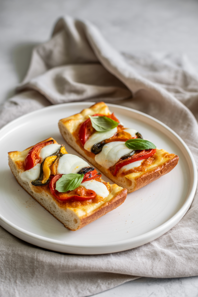 Crispy bread pizza topped with melted cheese, vegetables, and herbs on a white plate with a minimalist background.