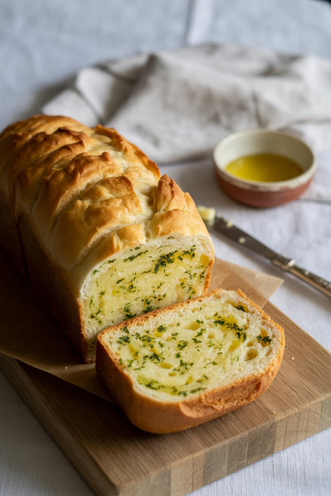 Garlic bread recipe showing sliced, golden-brown bread with melted garlic butter and parsley on a rustic board.