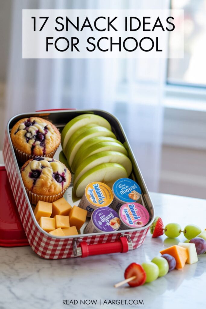 a text overlay _17 Snack Ideas for School_, and _Read Now _ Aarget.com_ at the bottom