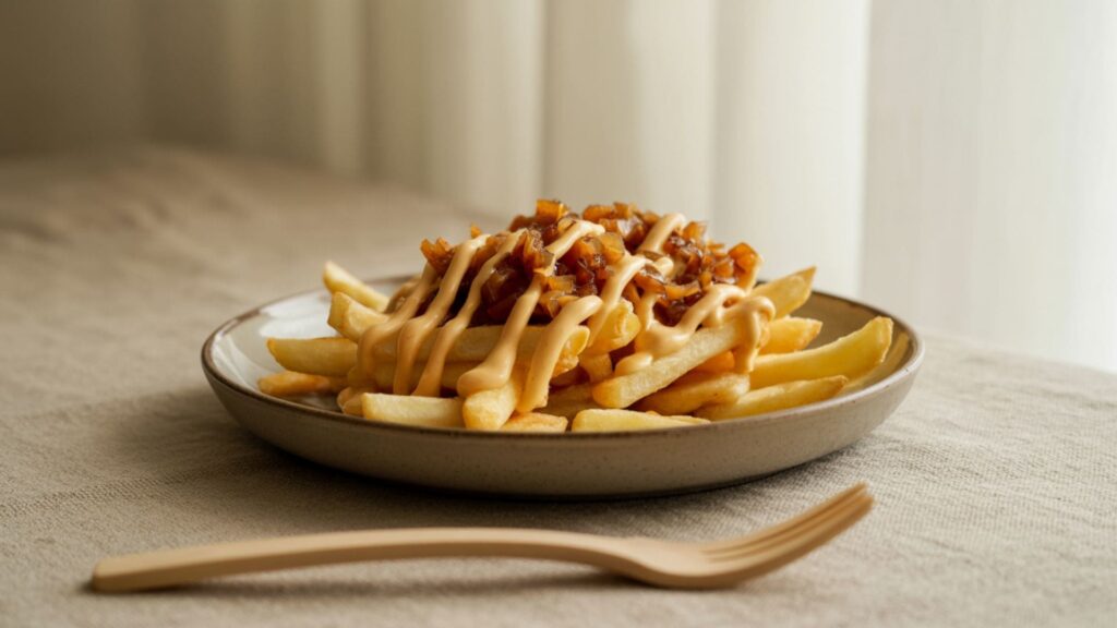 animal fries topped with melted cheese, caramelized onions, and sauce on a ceramic plate with soft natural lighting