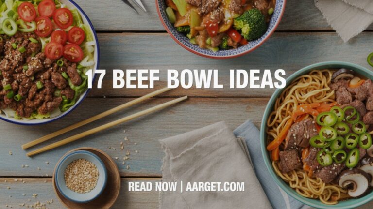 _image with a text overlay 17 beef bowl ideas, and Read Now Aarget.com at the bottom