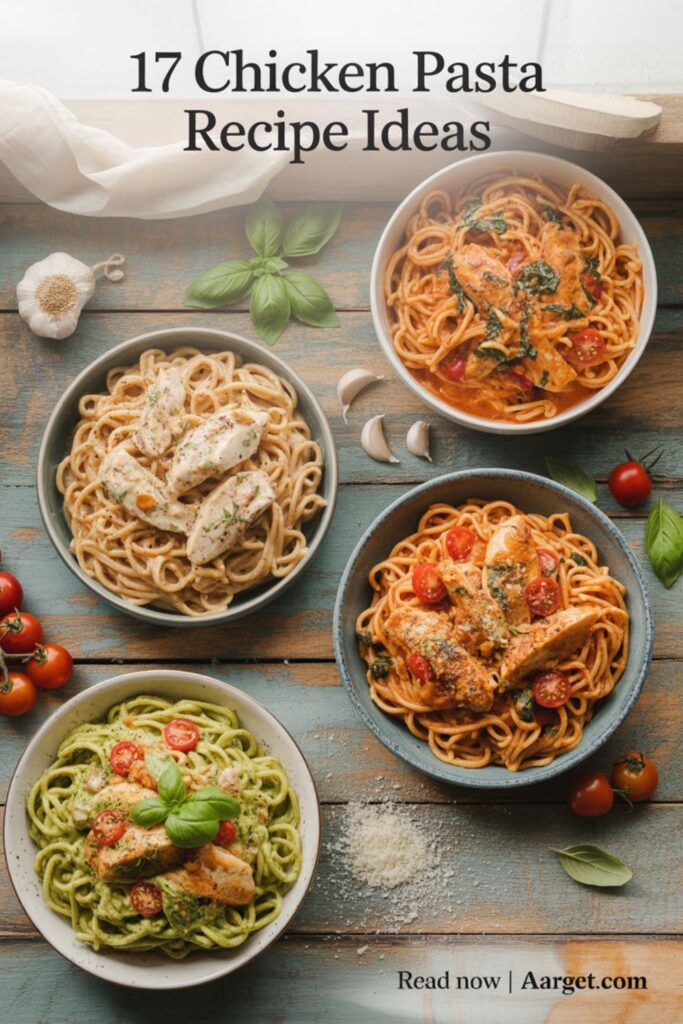 image with a text overlay _17 Chicken Pasta Recipe Ideas_, and _Read Now _ Aarget.com_ at the bottom
