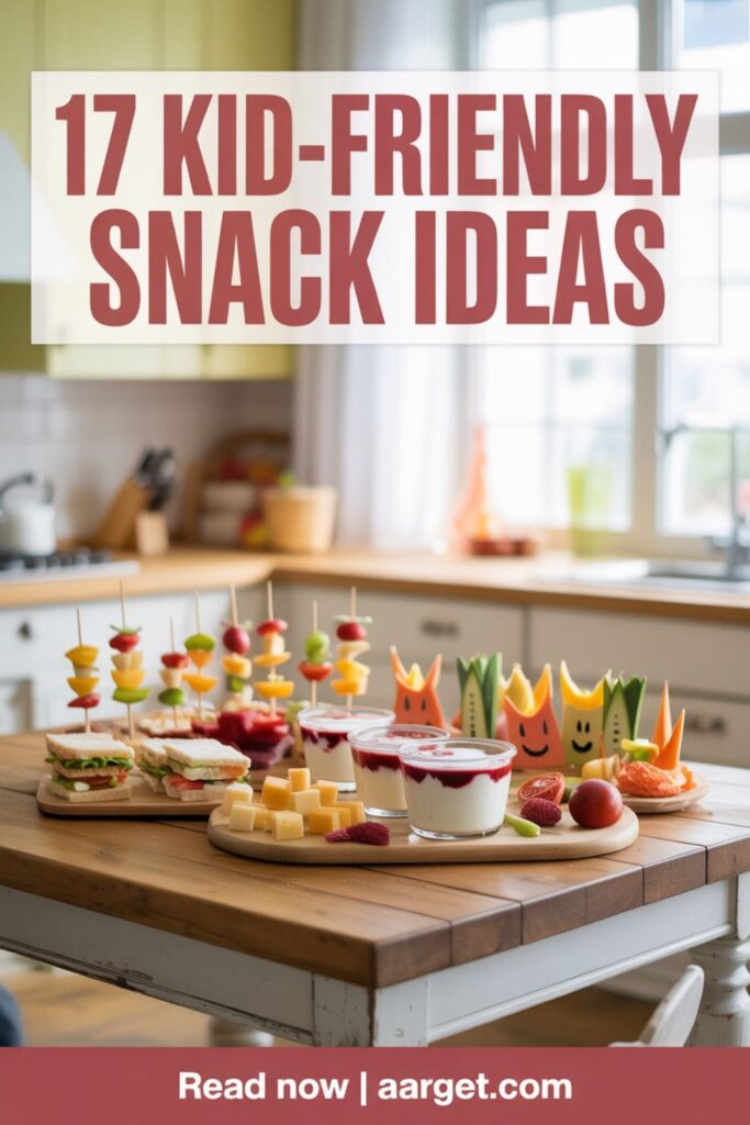 image with a text overlay _17 Kid-Friendly Snack Ideas_, and _Read Now _ Aarget.com_ at the bottom