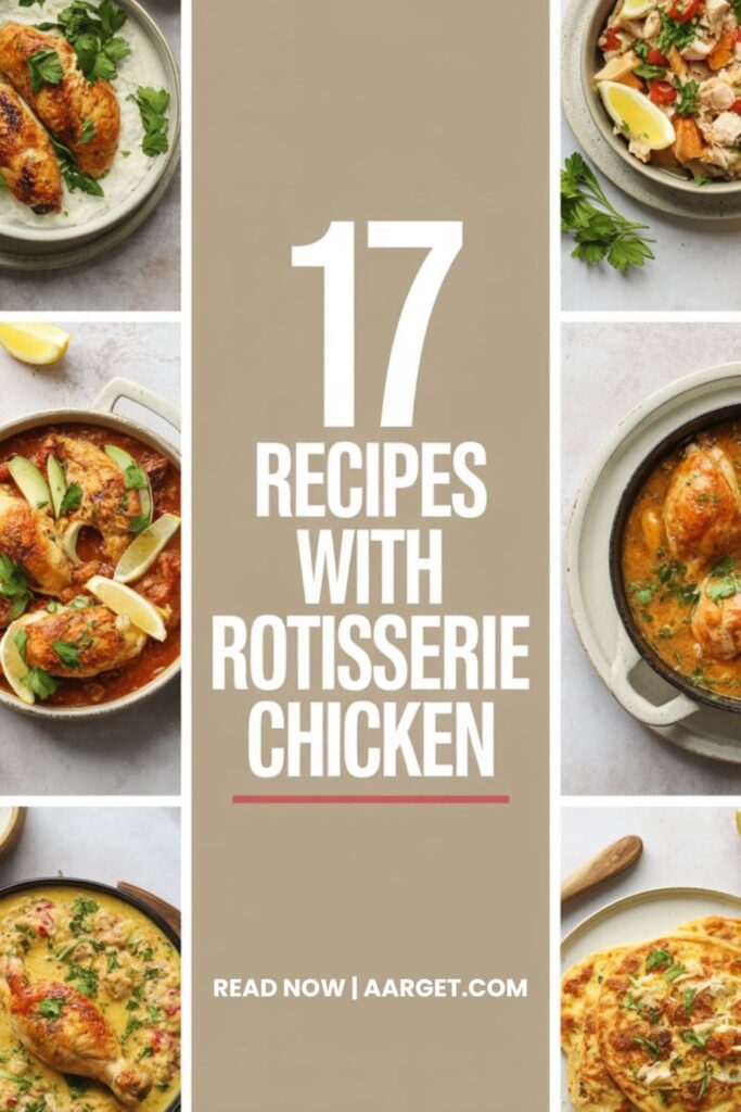 image with a text overlay _17 Recipes with Rotisserie Chicken_, and _Read Now _ Aarget.com_ at the bottom