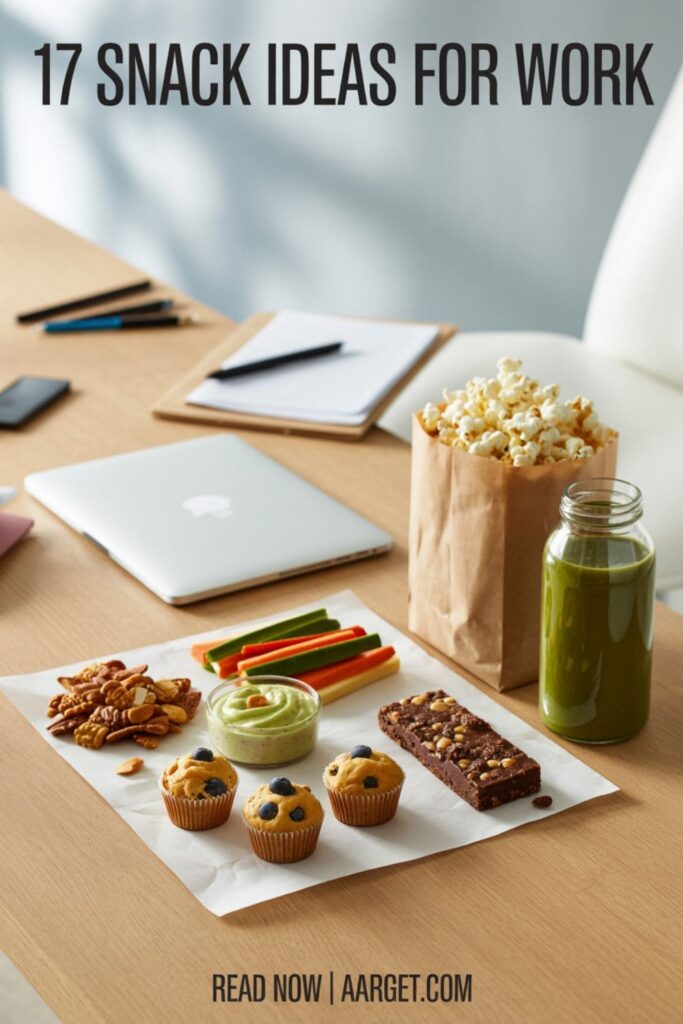 image with a text overlay _17 Snack Ideas For Work_, and _Read Now _ Aarget.com_ at the bottom