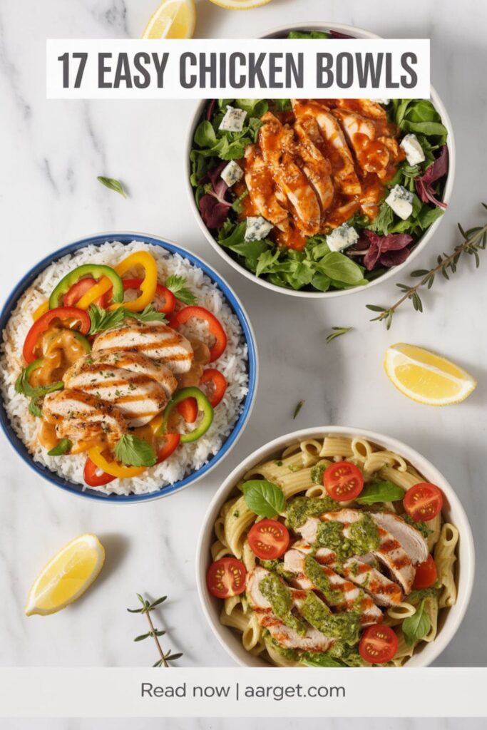 image with a text overlay _17 easy chicken bowls_, and _Read Now _ Aarget.com_ at the bottom