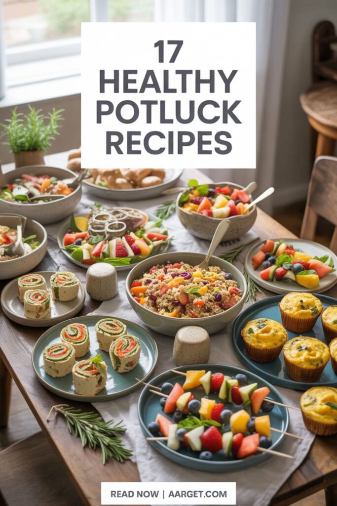 image with a text overlay _17 healthy potluck recipe_, and _Read Now _ Aarget.com_ at the bottom