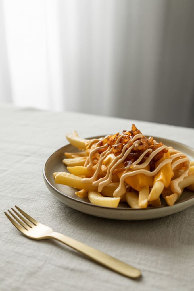 minimalist plate of golden animal fries with creamy sauce and onions, styled on a neutral table setting