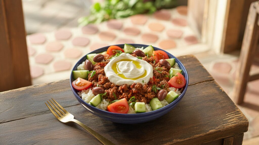 photograph of a vibrant Mediterranean-style bowl, prominently displayed on a rustic wooden table.