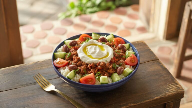 photograph of a vibrant Mediterranean-style bowl, prominently displayed on a rustic wooden table.