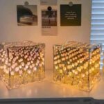 Handmade pink tulip mirror cube lamp with LED night light for bedroom décor