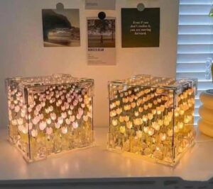 Handmade pink tulip mirror cube lamp with LED night light for bedroom décor